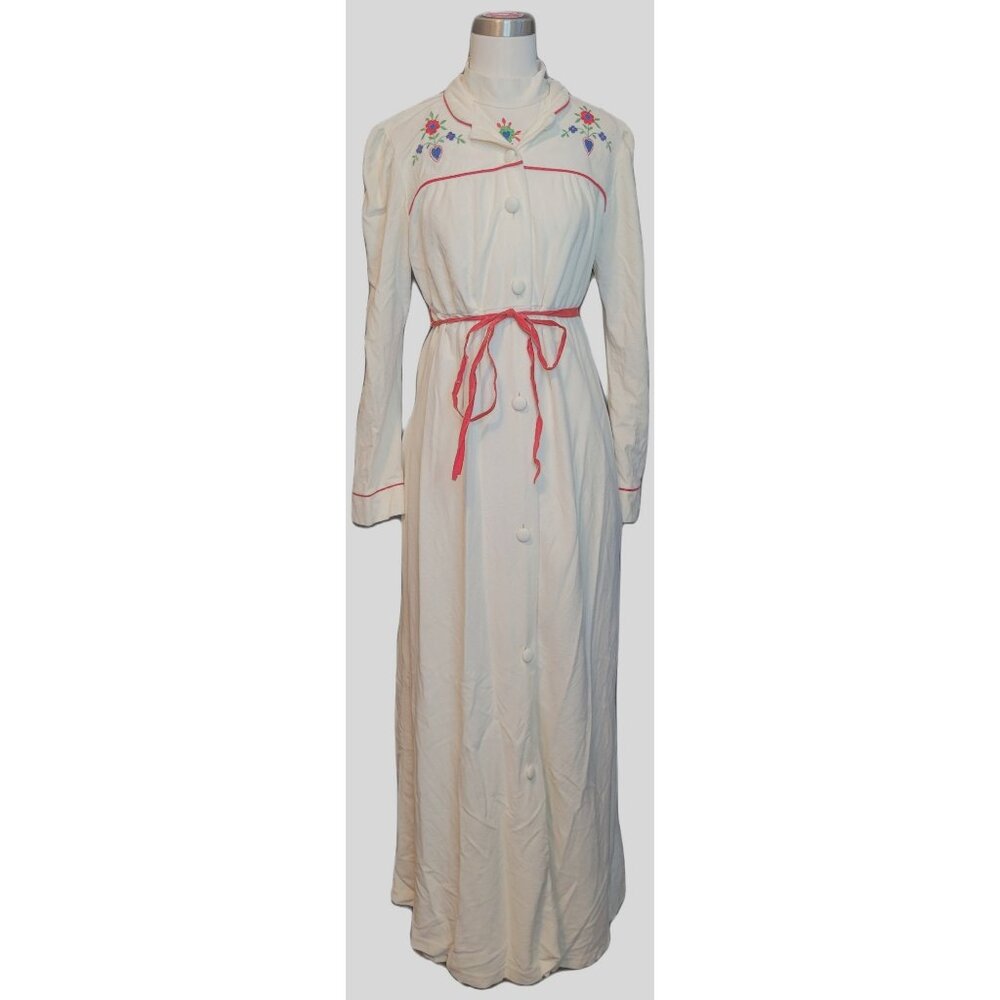 Vintage Nightgown Robe Set Women Size 13 Embroidered Flowers Hearts Tie Waist